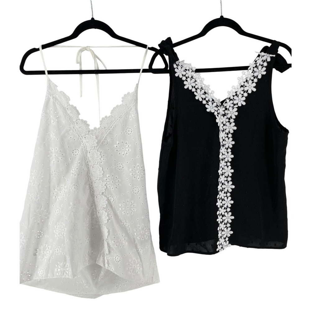 2- Cottagecore Tops Womens 8/10 Black Floral Lace Tie White Eyelet Halter Beachy